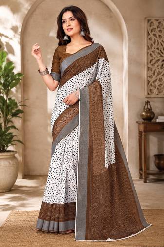 Women linen white & brown bandhani bollywood saree