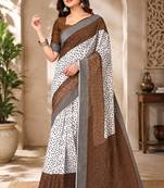Women linen white & brown bandhani bollywood saree