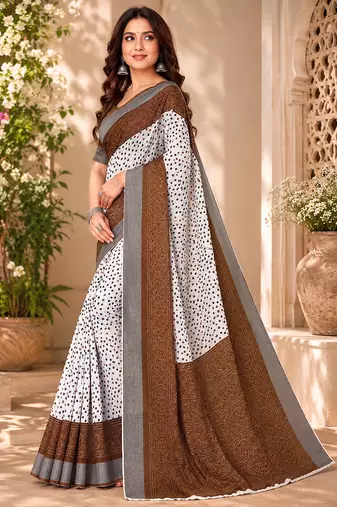 Women linen white & brown bandhani bollywood saree
