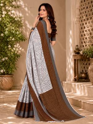 Women linen white & brown bandhani bollywood saree 4