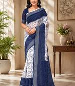Women linen white & blue bandhani bollywood saree