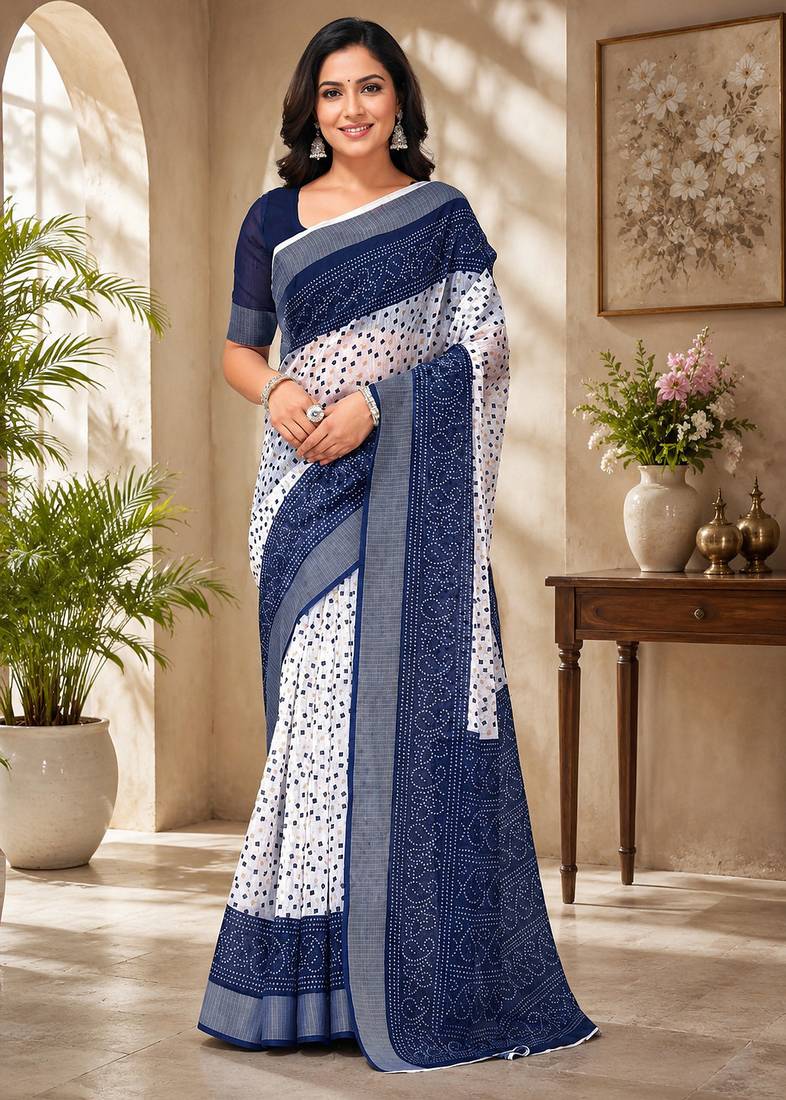 Women linen white & blue bandhani bollywood saree