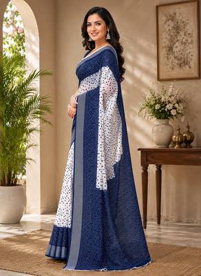 Women linen white & blue bandhani bollywood saree 2