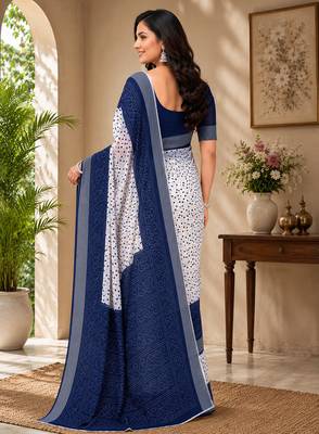 Women linen white & blue bandhani bollywood saree 3