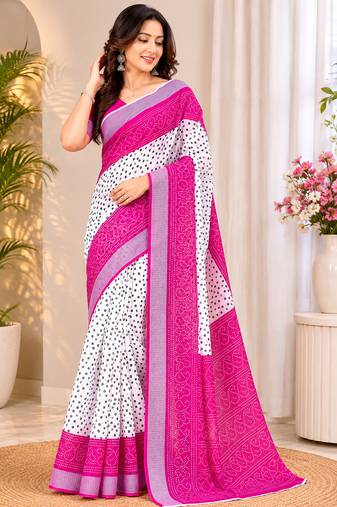 Women linen white & pink bandhani bollywood saree