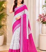 Women linen white & pink bandhani bollywood saree