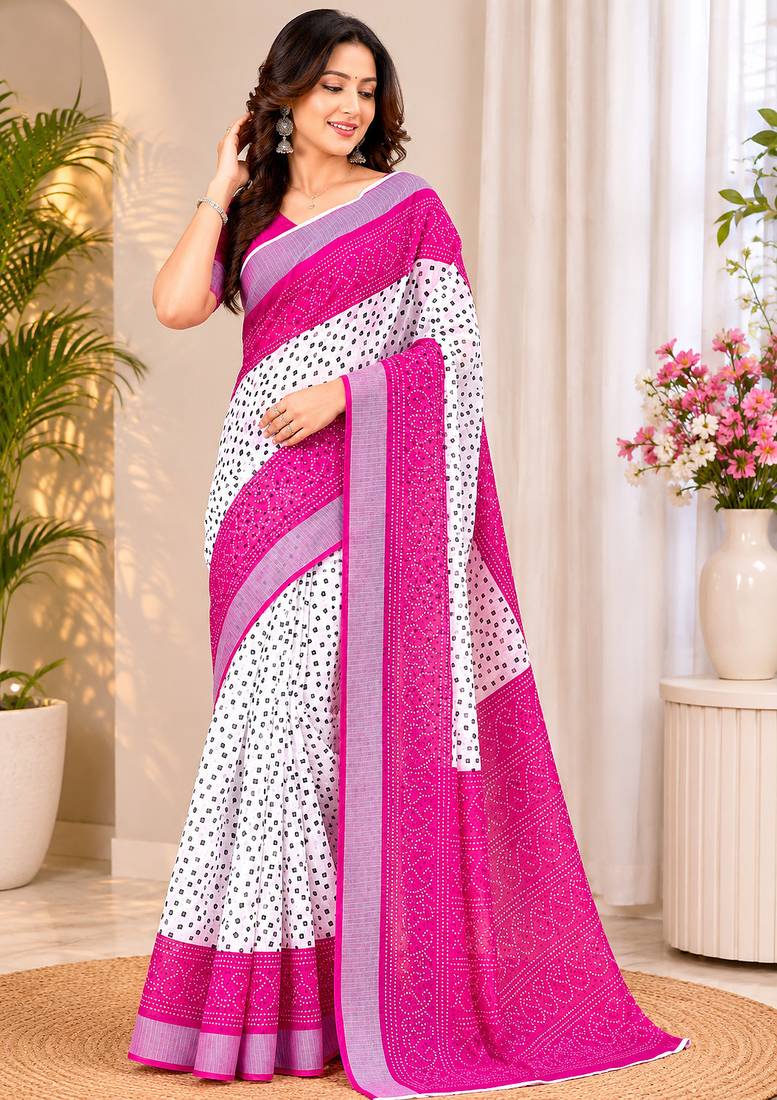 Women linen white & pink bandhani bollywood saree