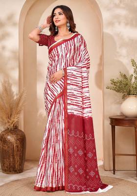 Women linen white & red leheriya bollywood saree 1