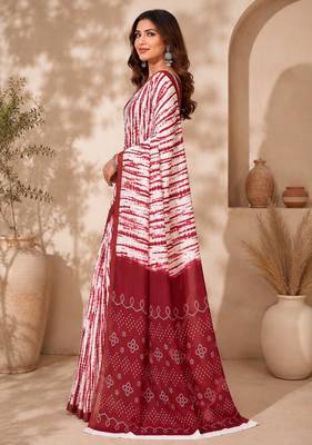 Women linen white & red leheriya bollywood saree 2