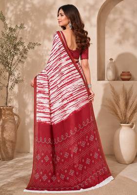 Women linen white & red leheriya bollywood saree 3