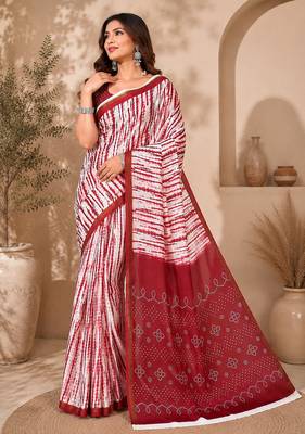 Women linen white & red leheriya bollywood saree 4