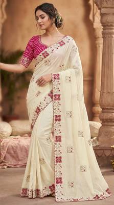 Women silk blend cream embroidery bollywood saree 1