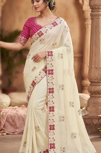 Women silk blend cream embroidery bollywood saree