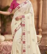 Women silk blend cream embroidery bollywood saree