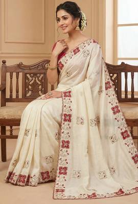 Women silk blend cream embroidery bollywood saree 2
