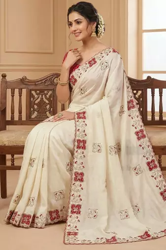Women silk blend cream embroidery bollywood saree