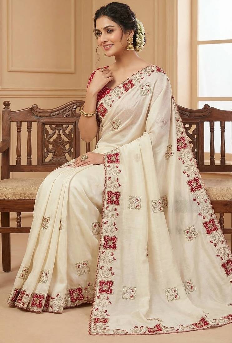 Women silk blend cream embroidery bollywood saree