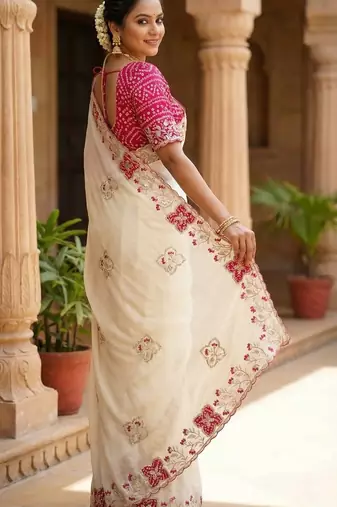 Women silk blend cream embroidery bollywood saree