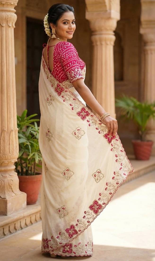 Women silk blend cream embroidery bollywood saree