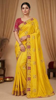 Women silk blend cream embroidery bollywood saree 1