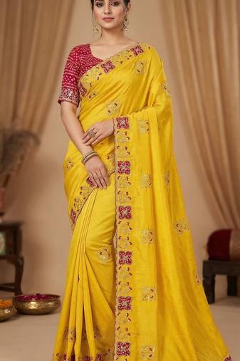 Women silk blend cream embroidery bollywood saree