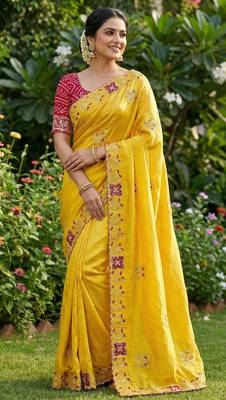 Women silk blend cream embroidery bollywood saree 2