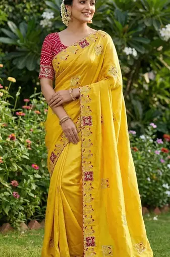 Women silk blend cream embroidery bollywood saree