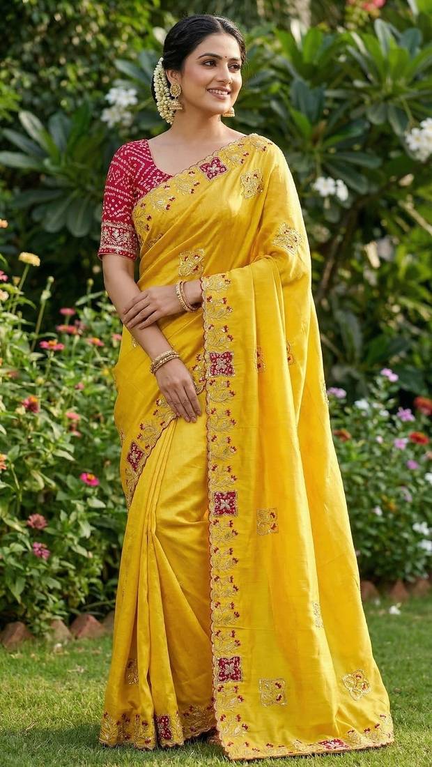 Women silk blend cream embroidery bollywood saree