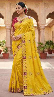 Women silk blend cream embroidery bollywood saree 3