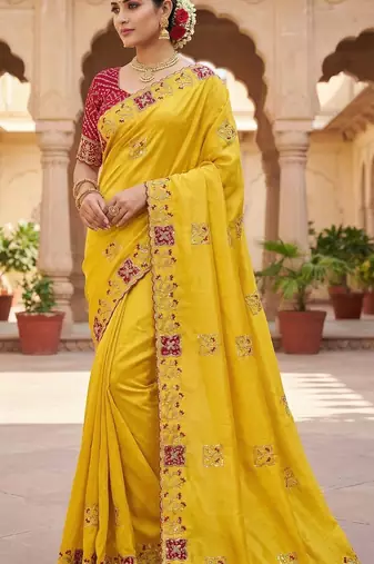Women silk blend cream embroidery bollywood saree