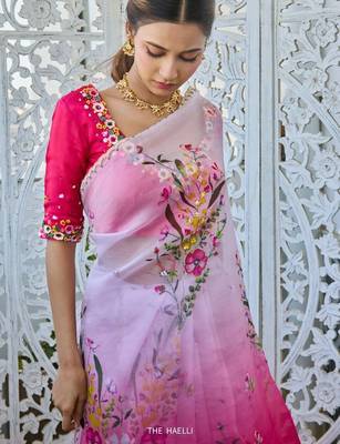 Women silk blend pink embroidery bollywood saree 3
