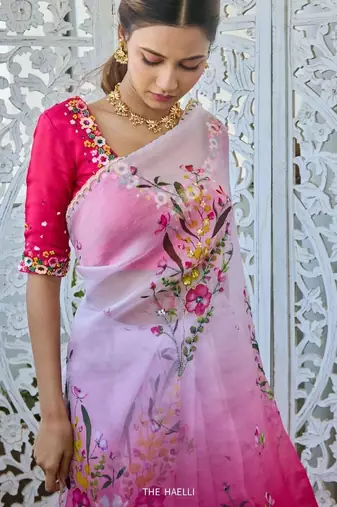 Women silk blend pink embroidery bollywood saree