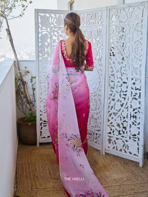 Women silk blend pink embroidery bollywood saree 4
