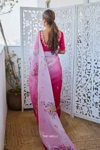Women silk blend pink embroidery bollywood saree