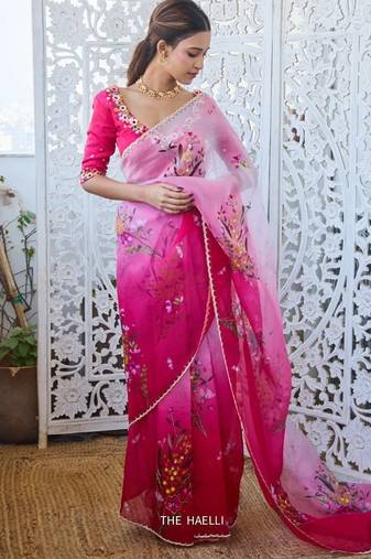 Women silk blend pink embroidery bollywood saree