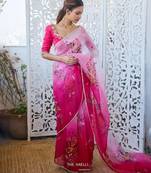 Women silk blend pink embroidery bollywood saree