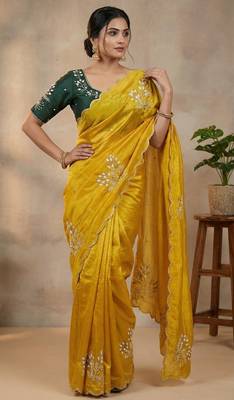 Women silk blend mustard embroidery bollywood saree 1