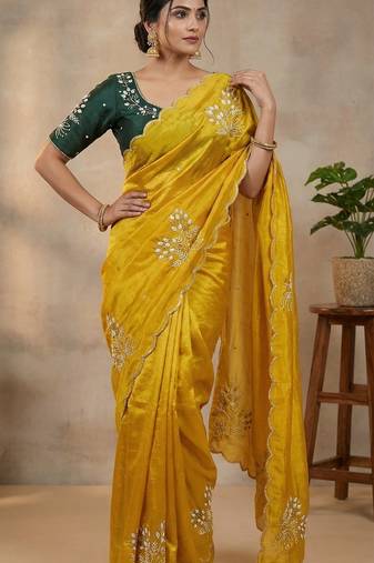 Women silk blend mustard embroidery bollywood saree