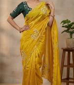 Women silk blend mustard embroidery bollywood saree