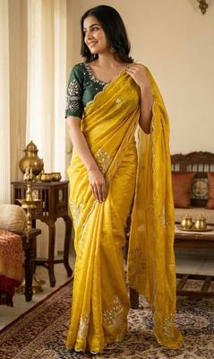 Women silk blend mustard embroidery bollywood saree 2