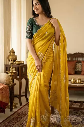 Women silk blend mustard embroidery bollywood saree