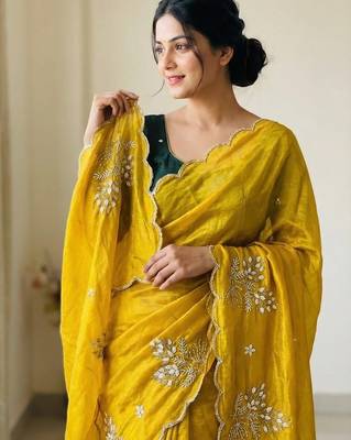 Women silk blend mustard embroidery bollywood saree 3