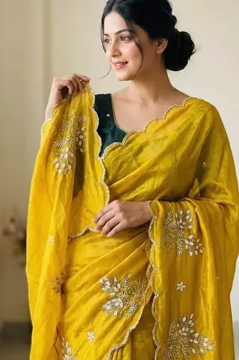 Women silk blend mustard embroidery bollywood saree