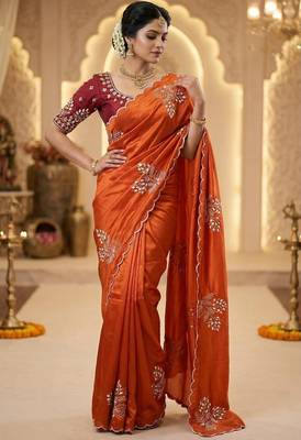 Women silk blend orange embroidery bollywood saree 1
