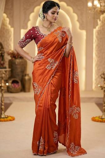 Women silk blend orange embroidery bollywood saree