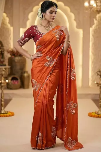 Women silk blend orange embroidery bollywood saree