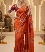 Women silk blend orange embroidery bollywood saree