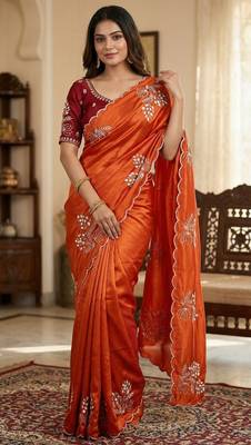 Women silk blend orange embroidery bollywood saree 2