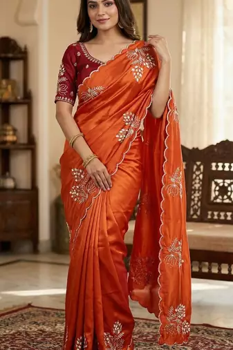 Women silk blend orange embroidery bollywood saree