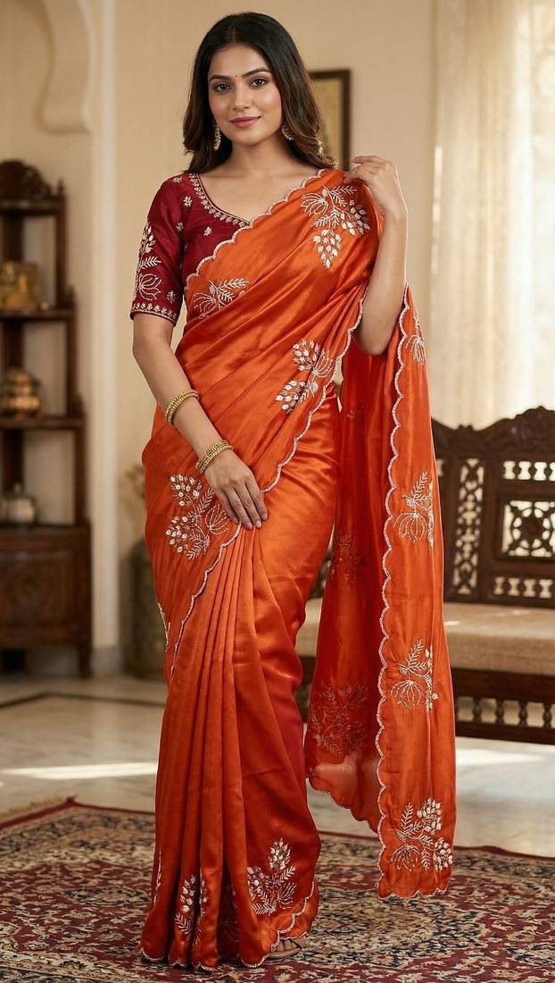 Women silk blend orange embroidery bollywood saree